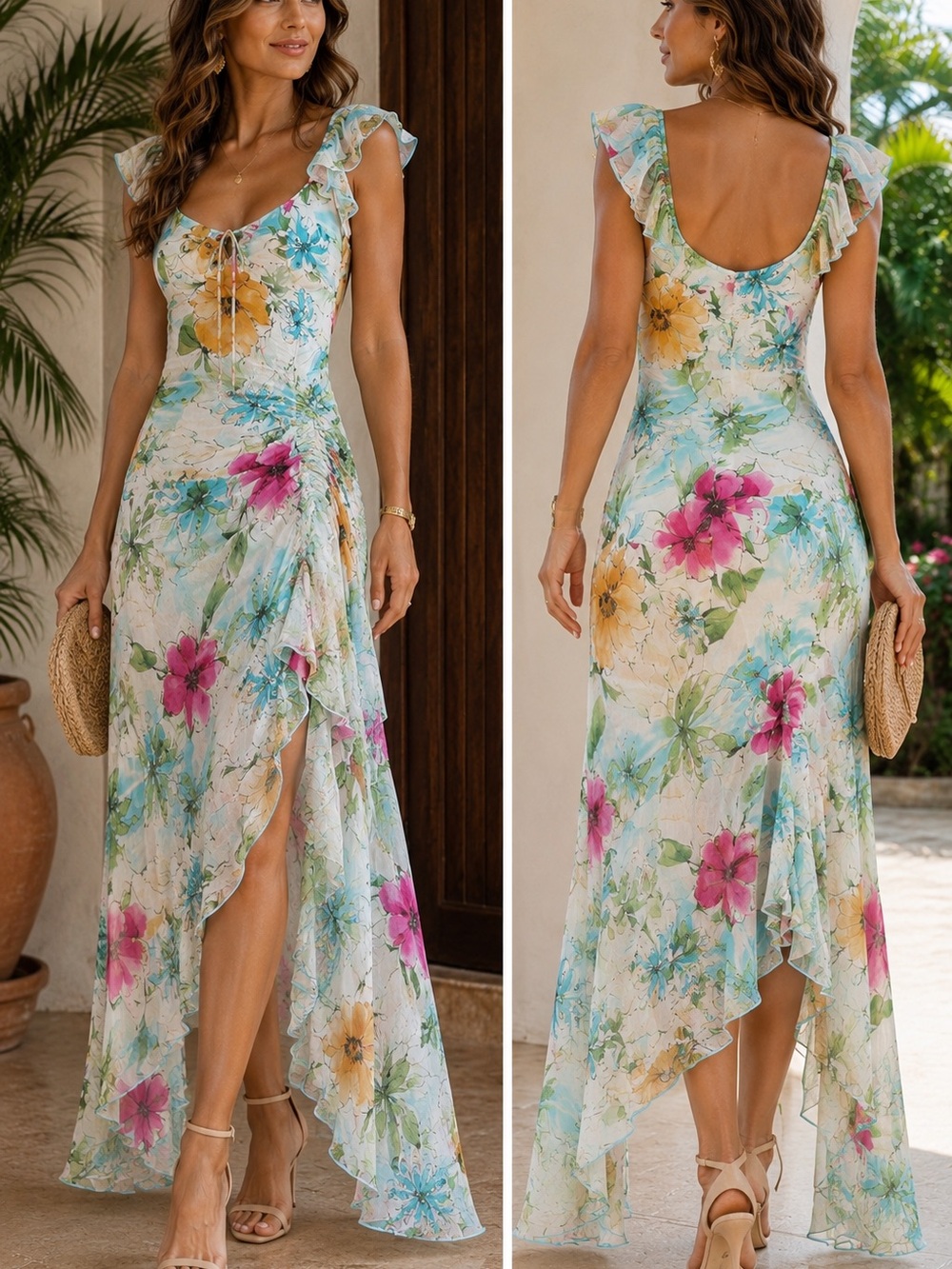 Orna Farho Paris Floral Ruffle Maxi Dress Size 40